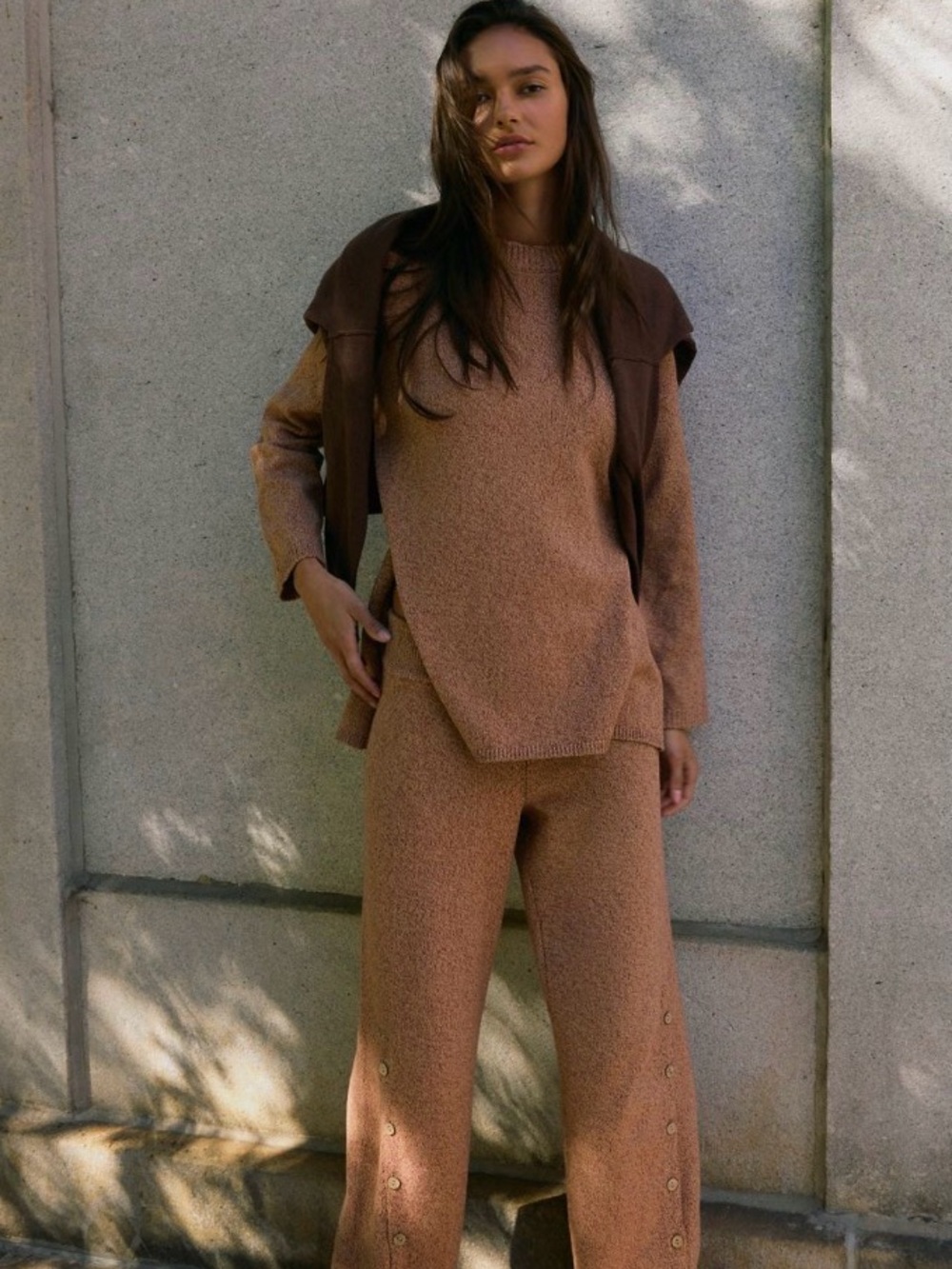🆕Bnwt Free People Button Up Wide-Leg Knit Pants in Camel Brown
